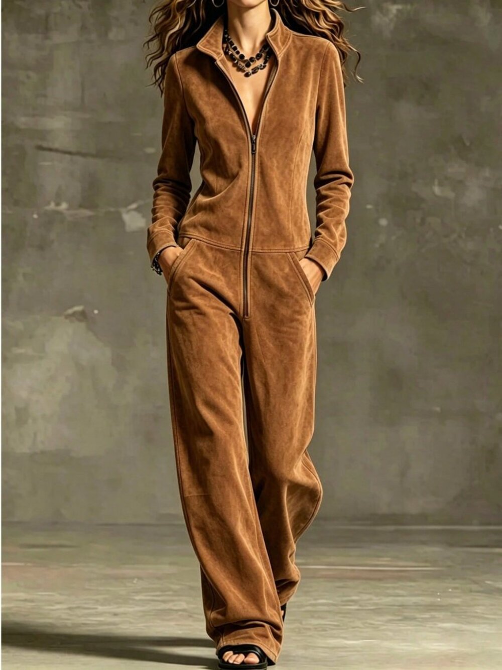 Brown Casual Women's Zip-Up Pocket Jumpsuit